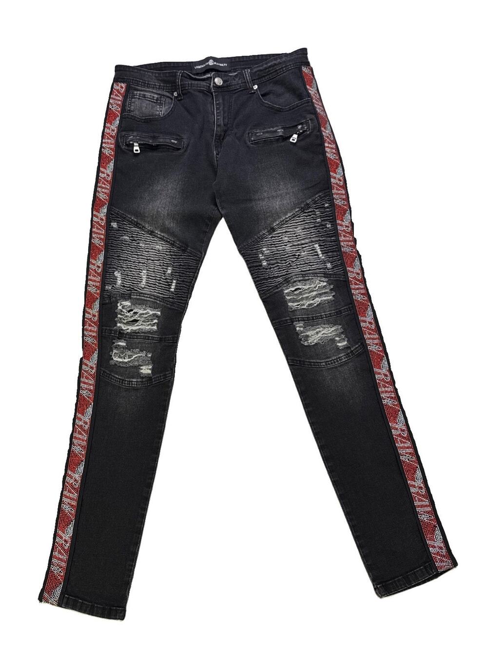 Legendary Rawyalty Men’s 32 Black Moto Jeans Distressed Rhinestone Side Stripe